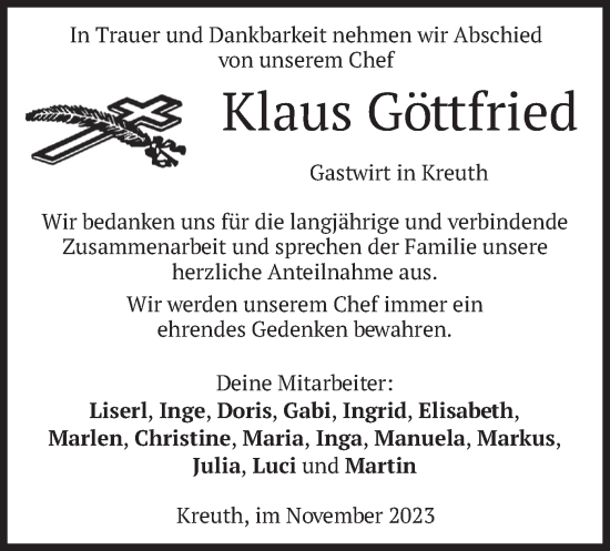 Todesanzeige von Klaus Göttfried von merkurtz