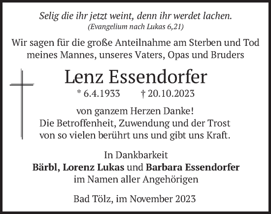 Todesanzeige von Lenz Essendorfer von merkurtz