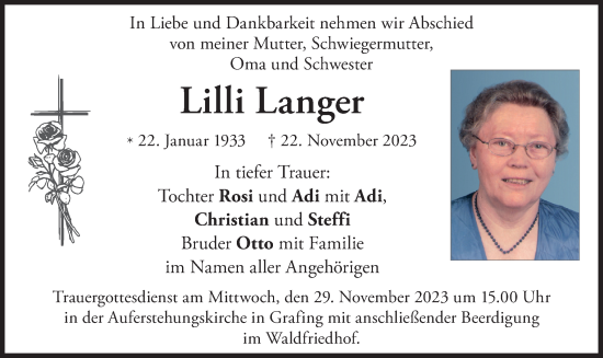 Todesanzeige von Lilli Langer von merkurtz