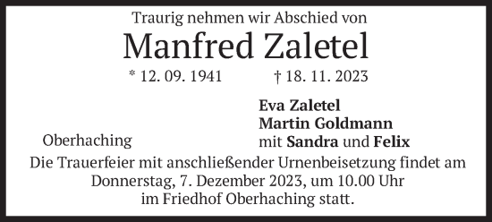 Todesanzeige von Manfred Zaletel von merkurtz