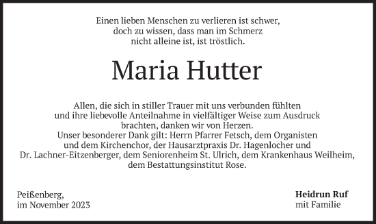 Todesanzeige von Maria Hutter von merkurtz