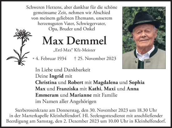 Todesanzeige von Max Demmel von merkurtz