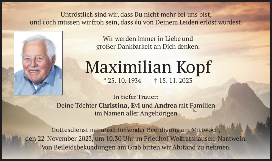 Todesanzeige von Maximilian Kopf von merkurtz