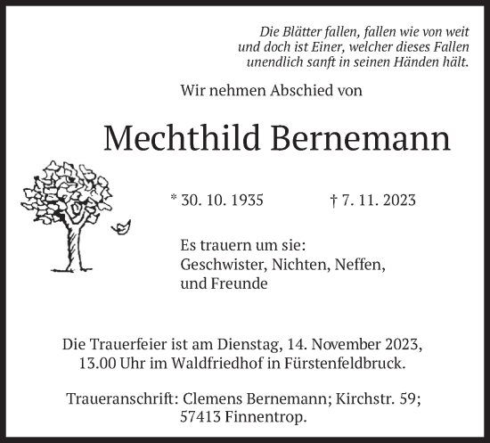 Todesanzeige von Mechthild Bernemann von merkurtz