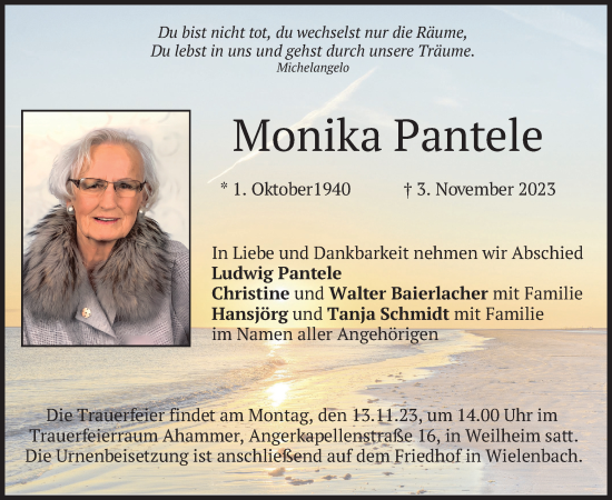 Todesanzeige von Monika Pantele von merkurtz