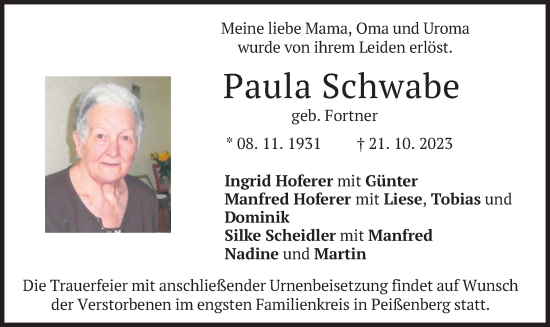 Todesanzeige von Paula Schwabe von merkurtz