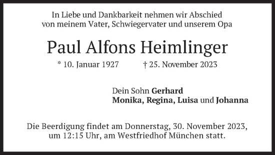 Todesanzeige von Paul Alfons Heimlinger von merkurtz