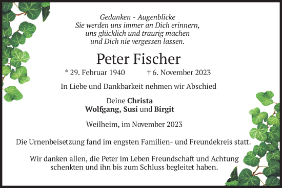 Todesanzeige von Peter Fischer von merkurtz