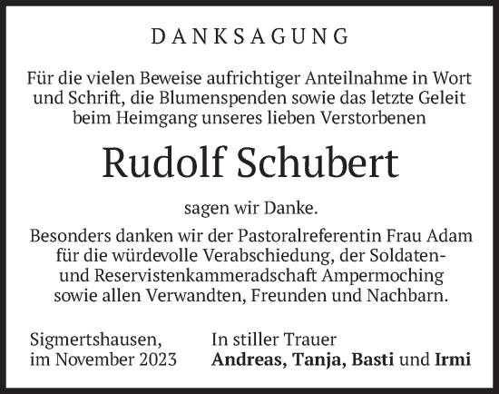 Todesanzeige von Rudolf Schubert von merkurtz