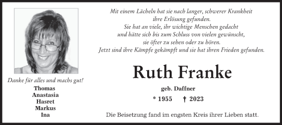 Todesanzeige von Ruth Franke von merkurtz