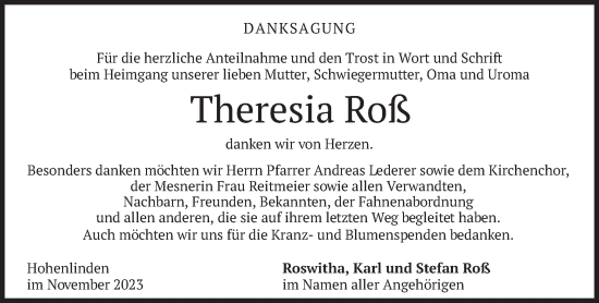 Todesanzeige von Theresia Roß von merkurtz