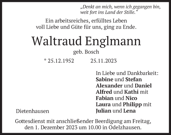 Todesanzeige von Waltraud Englmann von merkurtz