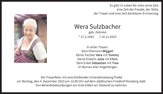 Todesanzeige von Wera Sulzbacher von Das Gelbe Blatt Penzberg