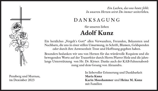 Todesanzeige von Adolf Kunz von Das Gelbe Blatt Penzberg
