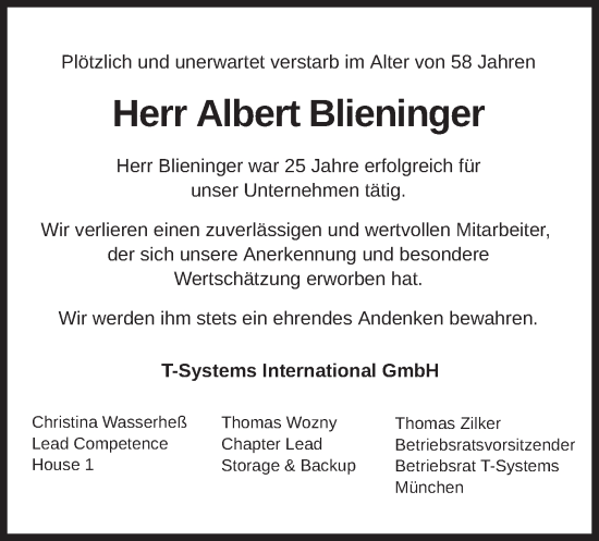 Todesanzeige von Albert Blieninger von merkurtz