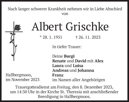 Todesanzeige von Albert Grischke von merkurtz