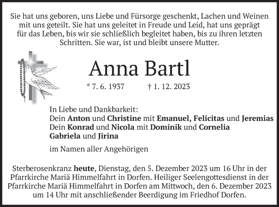 Todesanzeige von Anna Bartl von merkurtz