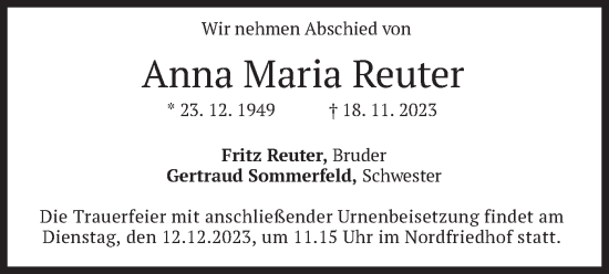 Todesanzeige von Anna Maria Reuter von merkurtz