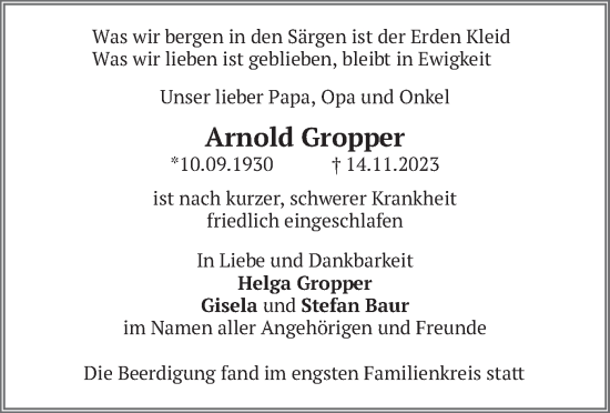 Todesanzeige von Arnold Gropper von merkurtz