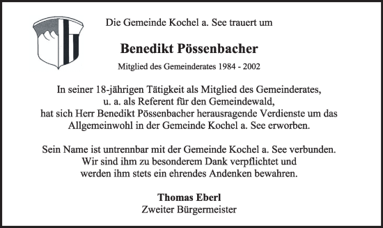 Todesanzeige von Benedikt Pössenbacher von merkurtz
