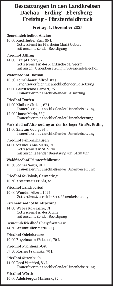 Todesanzeige von Bestattungen vom 01.12.2023 von merkurtz