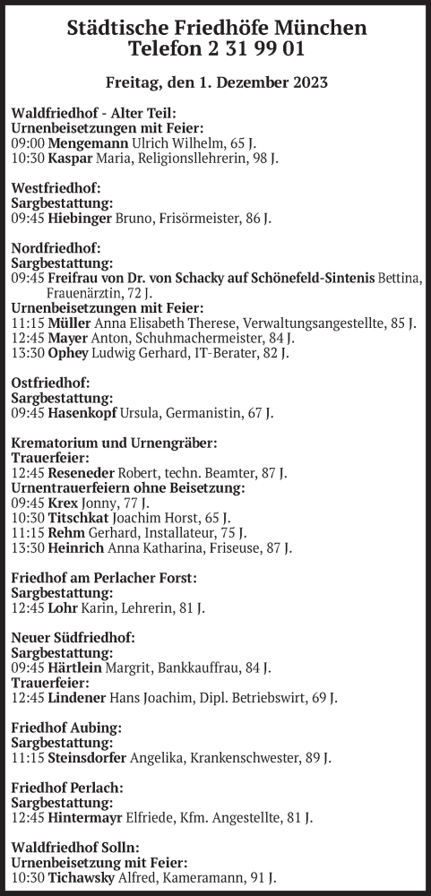 Todesanzeige von Bestattungen vom 01.12.2023 von merkurtz