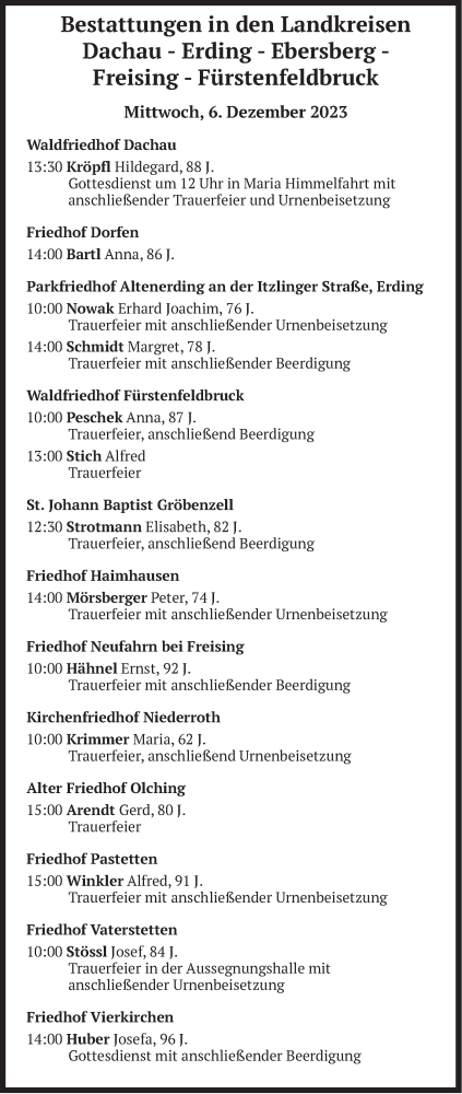 Todesanzeige von Bestattungen vom 06.12.2023 von merkurtz