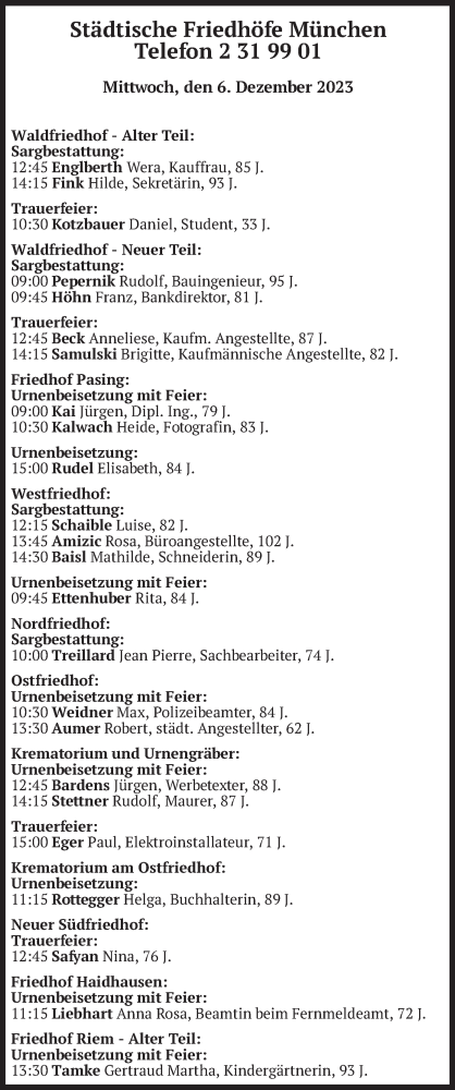 Todesanzeige von Bestattungen vom 06.12.2023 von merkurtz