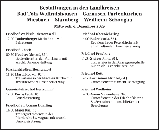 Todesanzeige von Bestattungen vom 06.12.2023 von merkurtz
