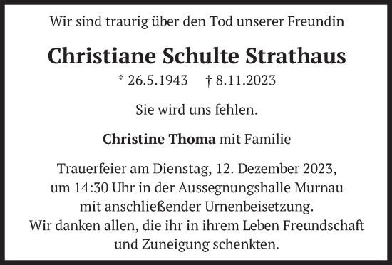 Todesanzeige von Christiane Schulte Strathaus von merkurtz
