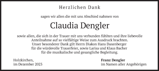 Todesanzeige von Claudia Dengler von merkurtz