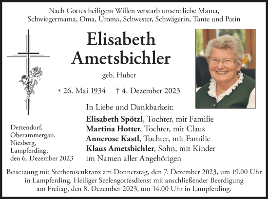 Todesanzeige von Elisabeth Ametsbichler von merkurtz
