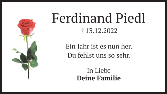 Todesanzeige von Ferdinand Piedl von merkurtz