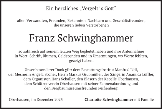 Todesanzeige von Franz Schwinghammer von merkurtz