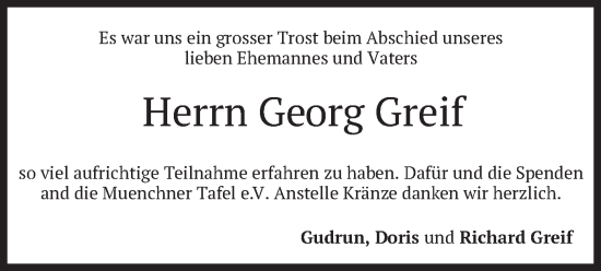 Todesanzeige von Georg Greif von merkurtz