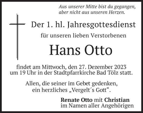 Todesanzeige von Hans Otto von merkurtz