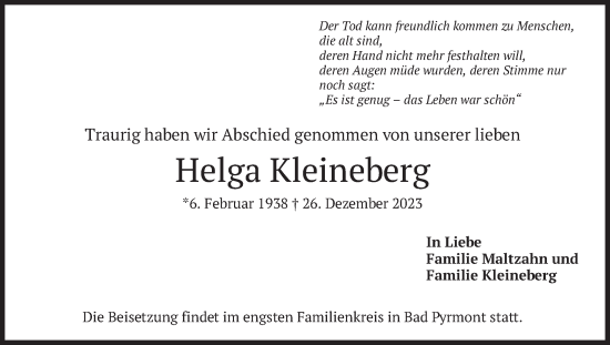 Todesanzeige von Helga Kleineberg von merkurtz