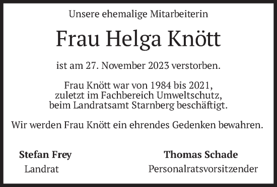 Todesanzeige von Helga Knött von merkurtz