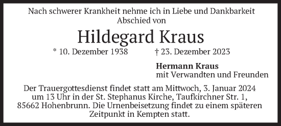 Todesanzeige von Hildegard Kraus von merkurtz