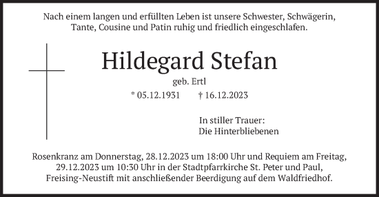 Todesanzeige von Hildegard Stefan von merkurtz