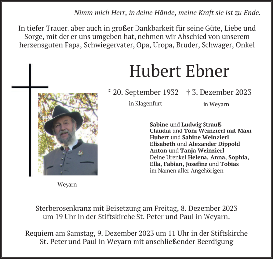 Todesanzeige von Hubert Ebner von merkurtz