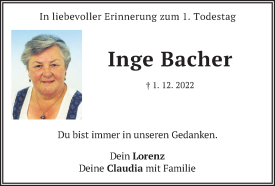 Todesanzeige von Inge Bacher von merkurtz