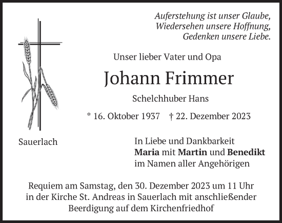 Todesanzeige von Johann Frimmer von merkurtz