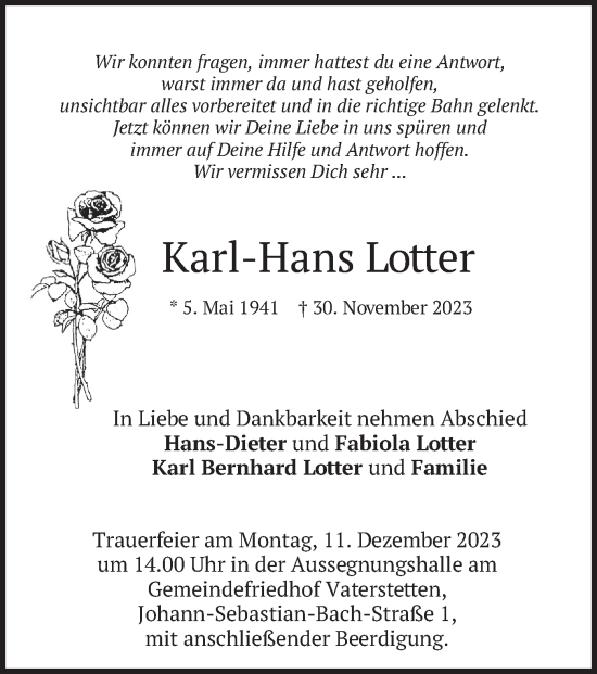 Todesanzeige von Karl-Hans Lotter von merkurtz