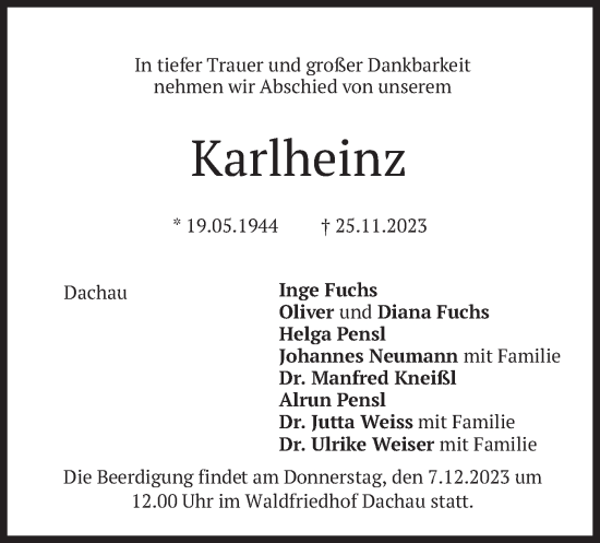 Todesanzeige von Karlheinz  von merkurtz