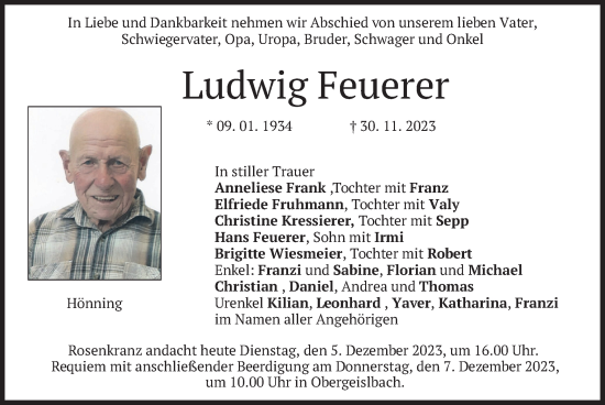 Todesanzeige von Ludwig Feuerer von merkurtz