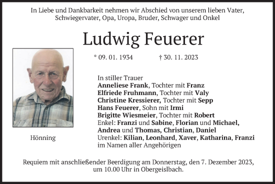 Todesanzeige von Ludwig Feuerer von merkurtz