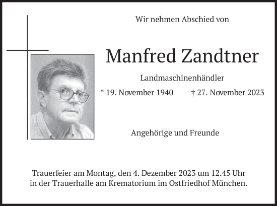 Todesanzeige von Manfred Zandtner von merkurtz