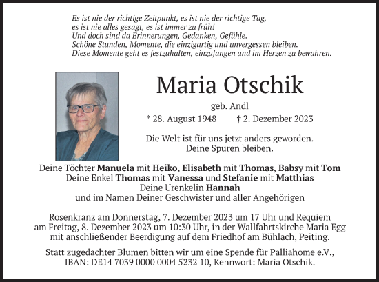 Todesanzeige von Maria Otschik von merkurtz