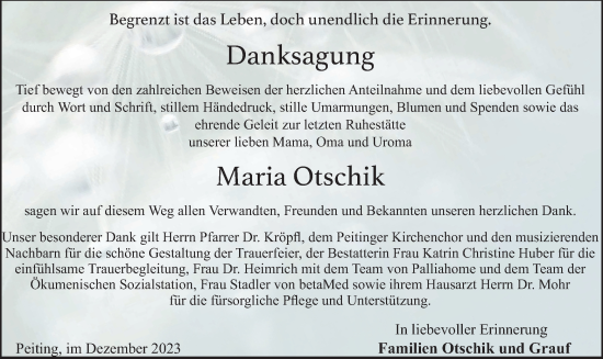 Todesanzeige von Maria Otschik von merkurtz